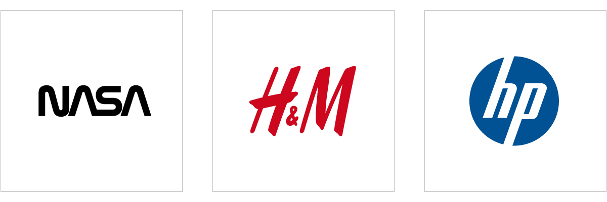 Letter-Marken: Nasa, H&M (Hennes & Mauritz) und HP (Hewlett-Packard)