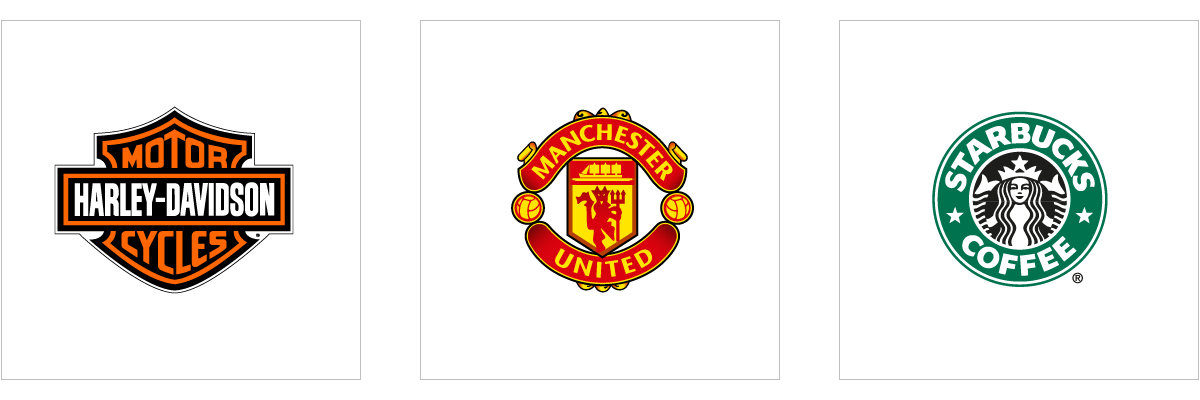 Emblem Harley Davidson, Manchester United und Starbucks
